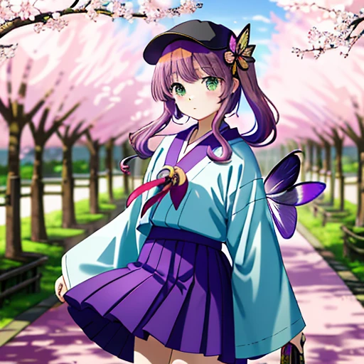 cherry blossom fairy girl、2Wearing a student cap with golden cherry blossoms on it、Two cherry blossom rings on the hat、purple color hair、Trimmed bangs、Twin-tailed、green colored eyes、purple hakama mini skirt、Purple haori、Futomo、Long black boots、Light blue butterfly wings like stained glass、holding a katana、to stand、Cherry blossoms flutter、serious faces、pocket watch、Red scarf around the neck