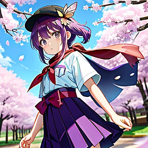 cherry blossom fairy girl、2Wearing a student cap with golden cherry blossoms on it、Two cherry blossom rings on the hat、purple color hair、Trimmed bangs、Twin-tailed、green colored eyes、purple hakama mini skirt、Purple haori、Futomo、Long black boots、Light blue butterfly wings like stained glass、holding a katana、to stand、Cherry blossoms flutter、serious faces、pocket watch、Red scarf around the neck