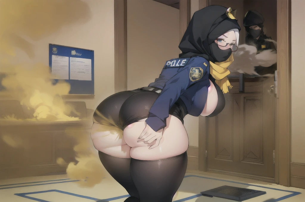 ((hijab girl))),wearing glasses,Yellow smoke,Attacked by farts,Attack with farts,)),(),(()),((wearing a closed police shirt with tigh legging and wear black hijab no visible hair)),velocity,, (((Yellow smoke is rising ))),((Hip Attack)),((),((Facing this way))),masterpiece:1.2、top-quality)、(the Extremely Detailed CG Unity 8K Wallpapers、ultra-detailliert、Best Shadows)、(细致背景)、(The best lighting、extremely delicate and beautiful)、depth of fields,((Girl fart)),(),(((((There is a male imam and a female police.......))))),(((Female police attacks male imam in the face with a hip attack..))),(((high-handed female police)),((())),((big boob)),((big butt)),(()),(()),()),((farting in mosque)),((farting on masjid,))((mosque)),(masjid)),()),(()),((big fart)),((loud fart)),(())