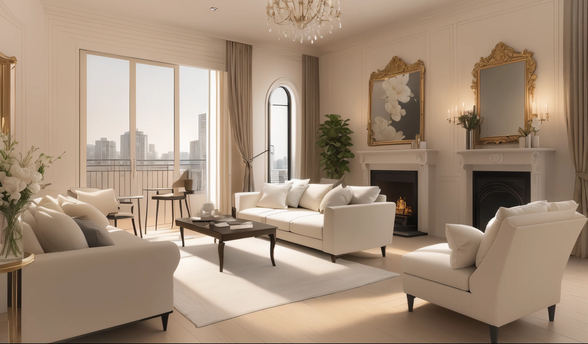 There is a living room，There is a sofa and a table inside, detailed archviz render, vray 8k rendering, stunning 3 d render, presented in corona, Rendering in Lumion Pro, high quality 3d render, high quality 3d render, rendered in 3 dsmax, Luxury apartment, 3D rendering style, highly detailed render，Plenty of light，French cream style decoration
