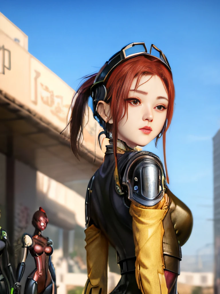 A woman wearing a helmet stands in front of a group of mannequins, Ju Jingyi Cyberpunk Art, Computer Graphics Association, retro-futurism, daz 3d, PS1 Graphics, dystopian art