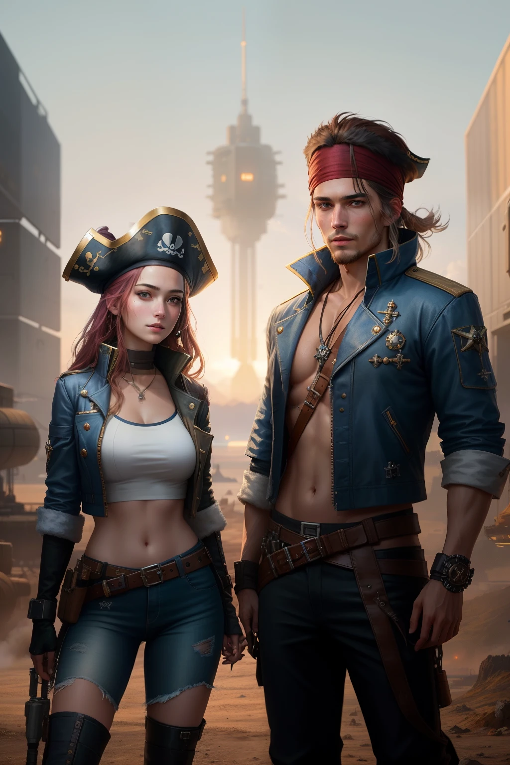 Generate space pirate captain wearing his pirate hat standing along with his girlfriend outside of his big base in a dystopian planet living in the great space pirate era -s2 variation -canon -futuristic -realistic -clear face -natural face