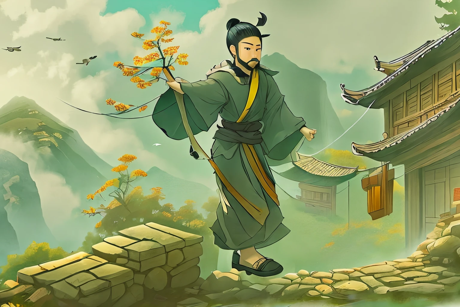 My feet are wearing clogs invented by Xie Gong.，Climb up the mountain road as high and steep as the sky