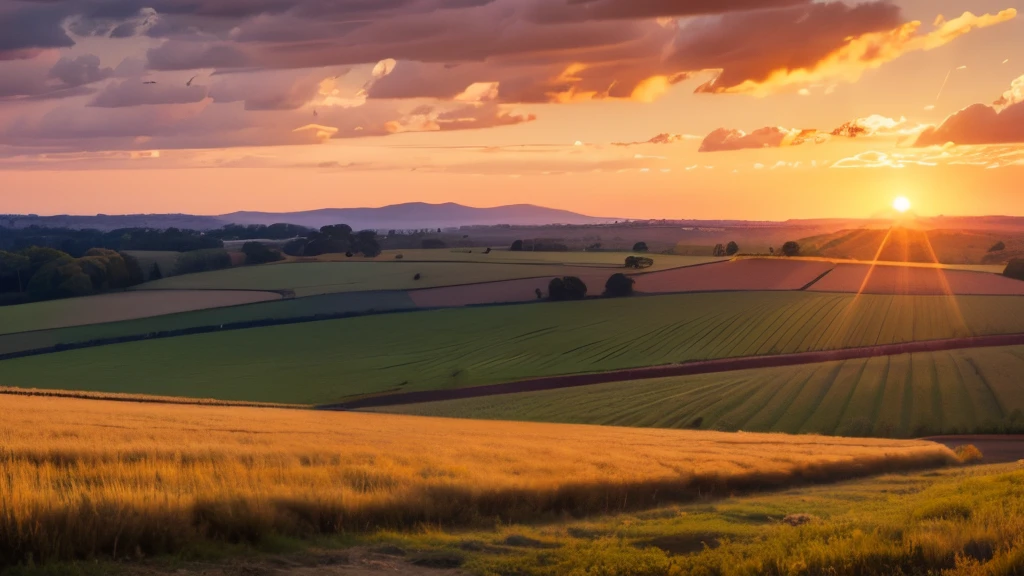 Eye level, usa countryside landscape, sunset light. (Sun on the left side:1.1), UHD, retina, masterpiece, accurate, super detail, high details, high quality, award winning, best quality, highres, 16k, 8k, sunset light