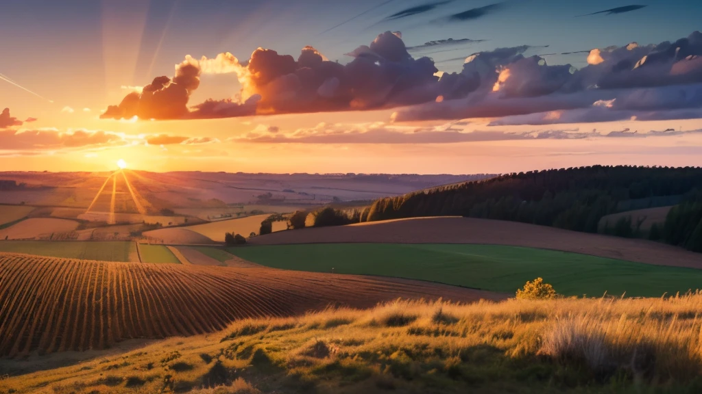 Eye level, usa countryside landscape, sunset light. (Sun on the left side:1.1), UHD, retina, masterpiece, accurate, super detail, high details, high quality, award winning, best quality, highres, 16k, 8k, sunset light