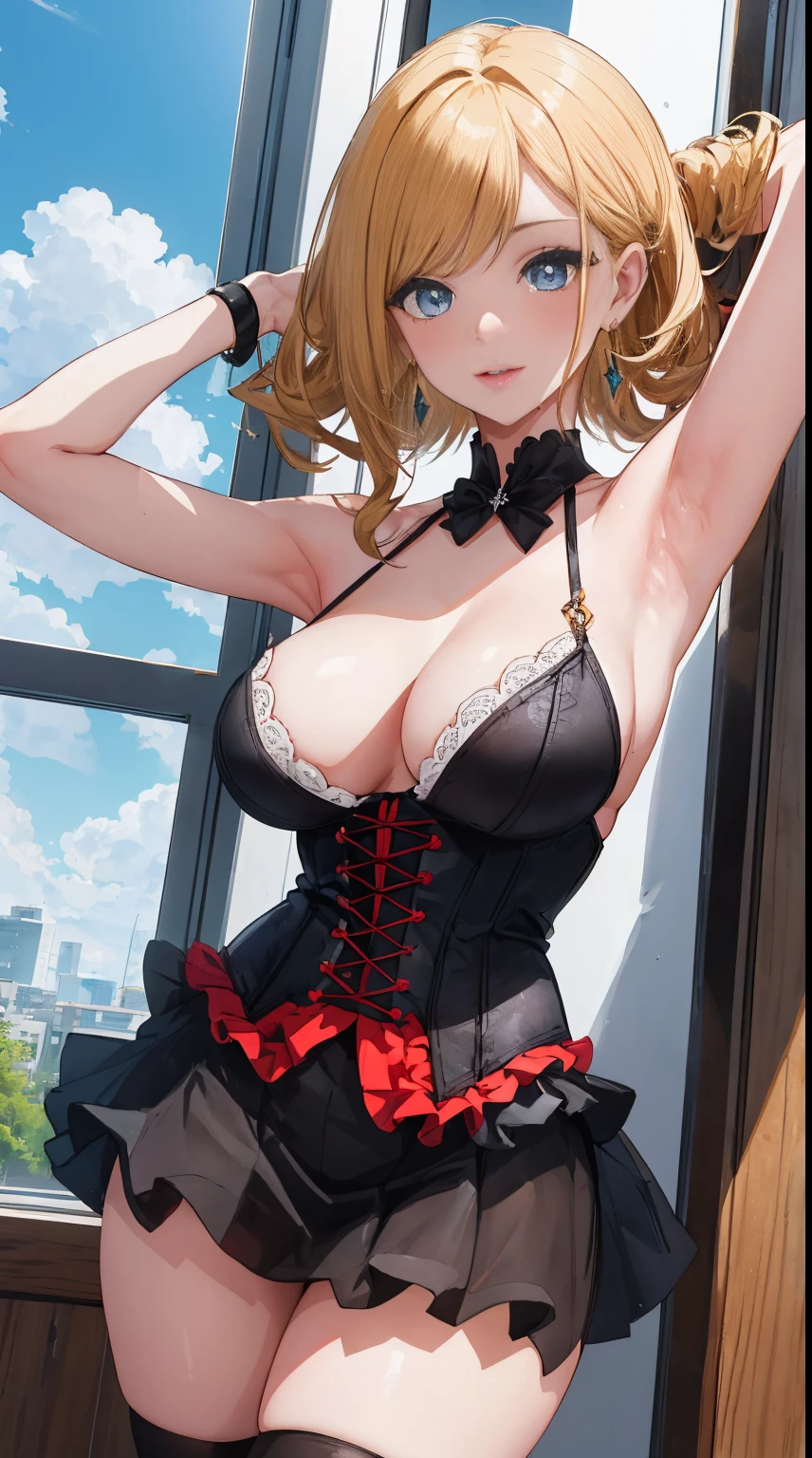 (tmasterpiece, Best quality at best:1.4), Colorful, Vibrant image, Focus sharp, The is very detailed, iintricate, Ultra-detailed drawing, number art, HighDynamicRange, 8K, Kitami Reika stood with her hands behind her head，???? armpits, armpit focus, Medical room, Sophisticated background of summer afternoon, blue sky near window, (a sly glance:1.1), looking at viewert, (cow boy shot:1.05), Blonde hair, short detailed hair, lipsticks, cosmetics, black eyeshadows, smoky eyes, detailed hair, Ultra-detailed face, eBlue eyes, perfect  eyes, s the perfect face, jewely, Cross earrings, Be red in the face, Black corset mini dress, a skirt, exposed ???? shoulders, Black stockings, ????????????? lab coat, a matural female, 18yr old, Beautiful curves, (?????????????:1.2), Chopping,