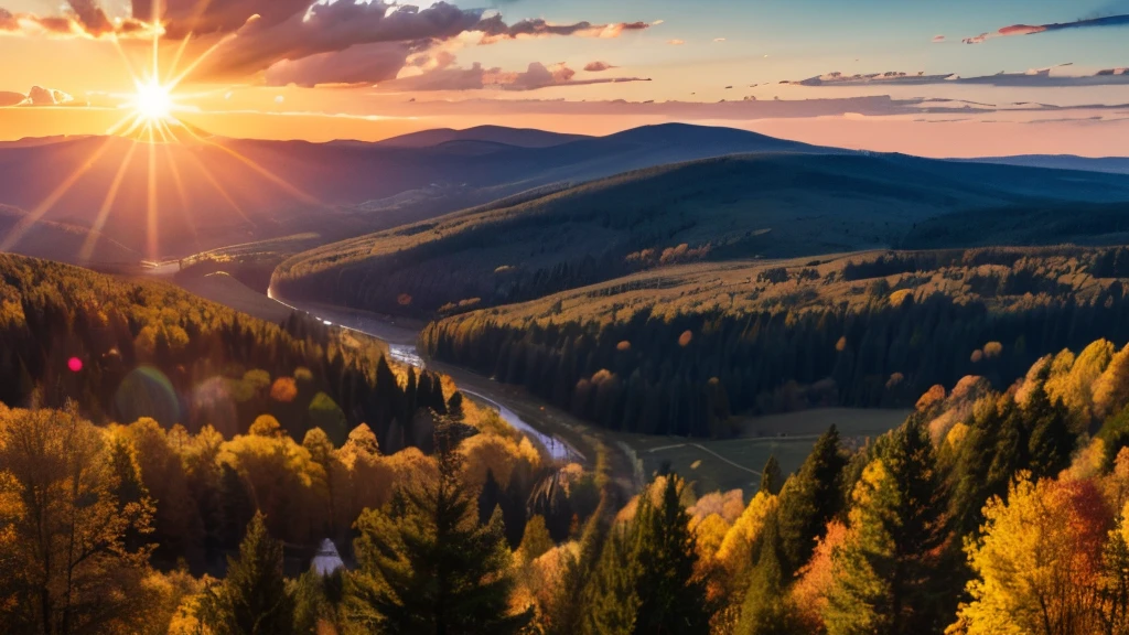 Eye level, usa countryside and forest landscape, sunset light. (Sun on the left side:1.1), UHD, retina, masterpiece, accurate, super detail, high details, high quality, award winning, best quality, highres, 16k, 8k, sunset light