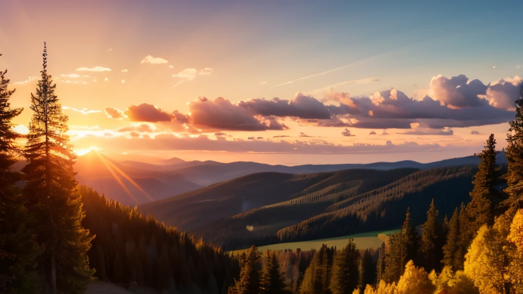Eye level, usa countryside and forest landscape, sunset light. (Sun on the left side:1.1), UHD, retina, masterpiece, accurate, super detail, high details, high quality, award winning, best quality, highres, 16k, 8k, sunset light