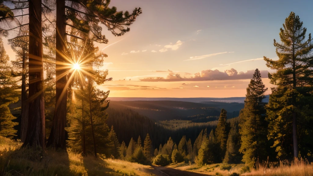 Eye level, usa countryside and forest landscape, sunset light. (Sun on the left side:1.1), UHD, retina, masterpiece, accurate, super detail, high details, high quality, award winning, best quality, highres, 16k, 8k, sunset light