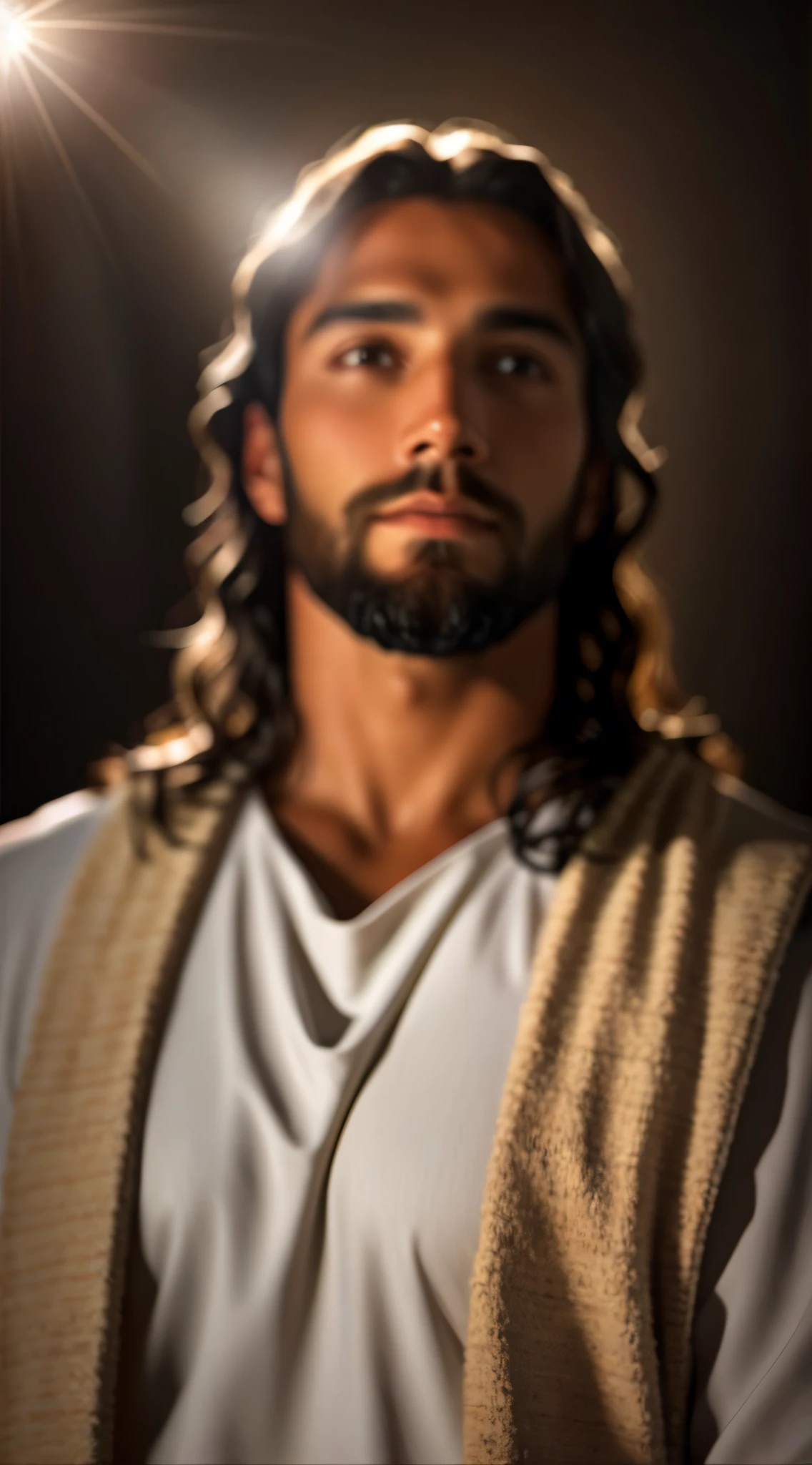 add_detail:1, realistic image of Jesus Christ, add_detail:light and distant light from heaven above the head