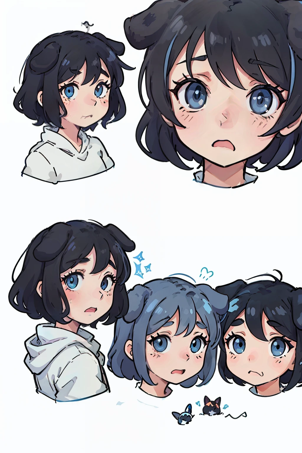 Cute puppy,expressions,dog ears,black color hair,blue color eyes,Various expressions,having fun,grieves,sarcastic,despondency,adorable eyes,White BE, illustration-nii 5-style cute, emoji as illustration set, with boold manga line style,
dynamic pose dark white,,f/64 groups,related characters,Old
Meme Kernel