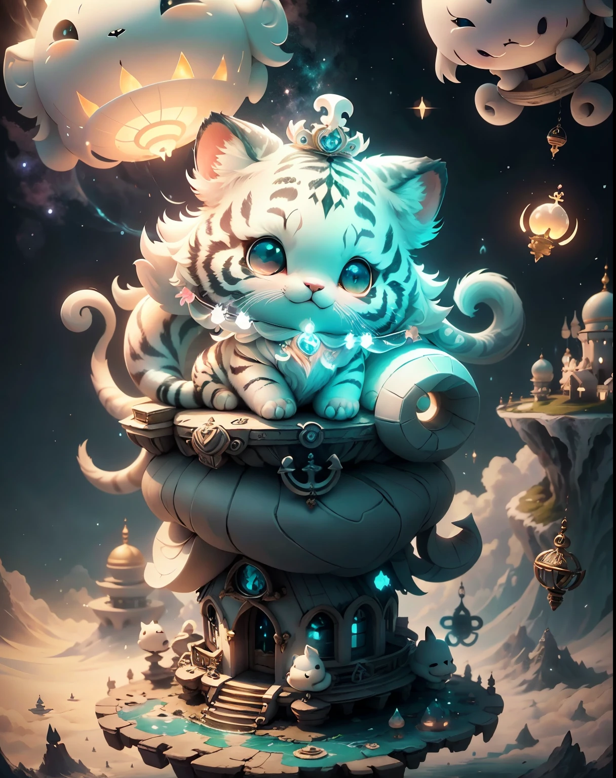 centered composition, symmetrical composition, a tiny and cute white tiger perched on a palace situated on a cloud-covered floating island that drifts through the sky, with a magical anchor keeping it grounded in an otherworldly location, at midnight. highly detailed, high quality, 4k, uhd