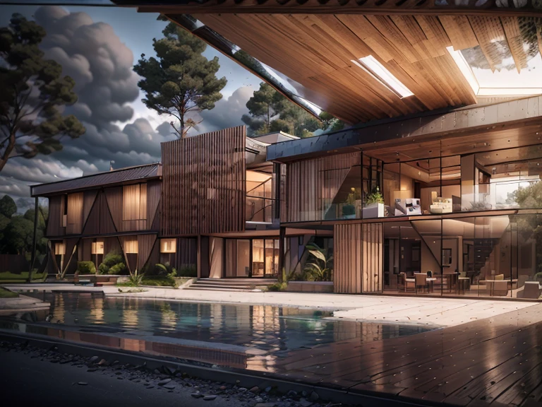 Bauhaus style house, glass house with a sloping roof, modern, dynamic (RAW photo, real, best quality, masterpiece:1.2), (hyper realistic, photo-realistic:1.2), high quality, (dark lighting:1.2), perfect lighting, archdaily