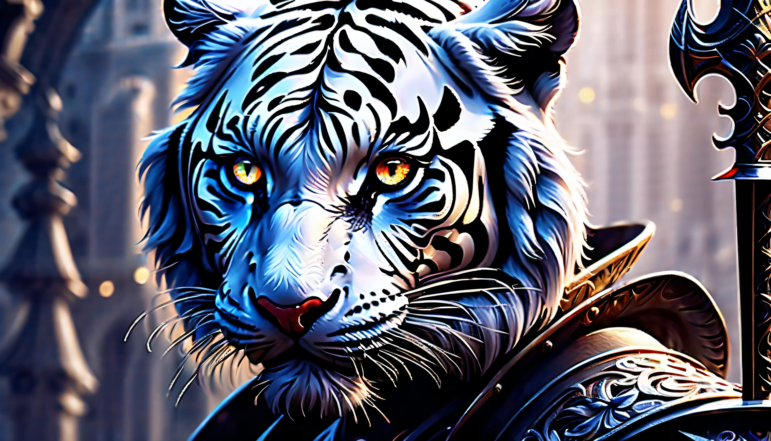 (((a fierce with powerful white_tiger:1.3))), (((dark fantasy of epic detail illustration:1.3))), (((extremely intricate detail brushstrokes of ride on knight girl with ornament sword:1.4))), (large and slant up eyes:1.1), beauty glow eyes, cinematic angle with still, featuring dynamic clash between atmosphere, rich colors, breathtaking beauty intricate detail, creative and interesting, intricate details and realistic 32k rendering, extremely intricate detailed, imagination breathtaking realm dark fantasy, enchanting of dark fantasy environment, surrealism background, intricate details and flawless quality, high contrast masterpiece, delivering a visually stunning, dark fantasy and fantasia harmony, exquisite high-definition drawing, limitlessly high resolution, (sharp resolution:1.1), (((all captured in sharp focus:1.2))), (((rendered in stunning 32k resolution:1.4))), (((beautiful detail glow:1.3))), impeccable quality, (((highest quality:1.4))), highly quality, best quality, ride on the back, (((extremely insane detail:1.4))),