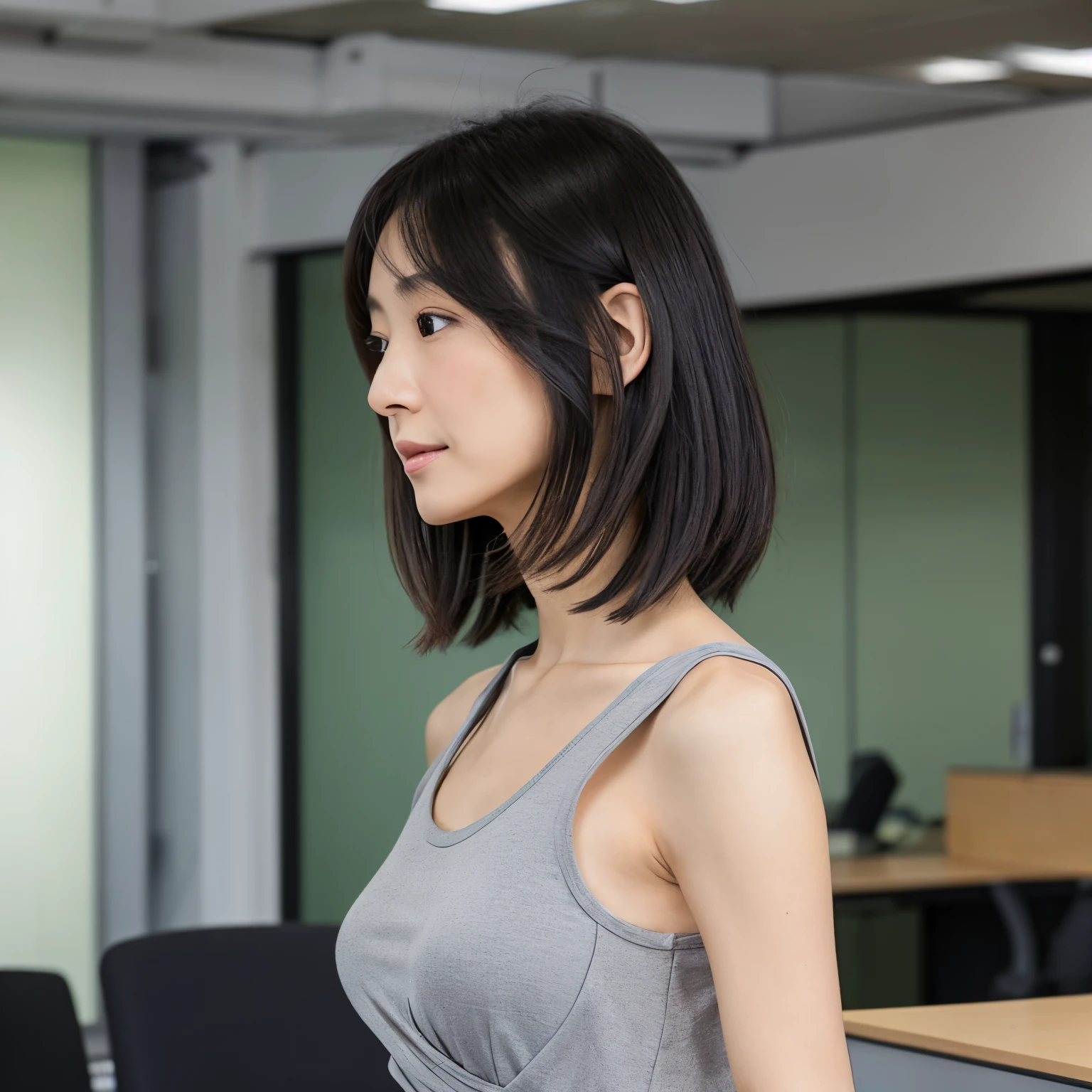 A Japanese woman, 40 years old, slender figure, small breasts, very thin waist, Beautiful face, beautidful eyes, black short hair, wearing a tight and short gray dress with a back-open design, standing in an office and facing the other side, gently looking back at your audience, 1girl in, Solo, Detailed face and eyes, detailed fingers and arms. Full body photo. Realistic, Photorealistic.
