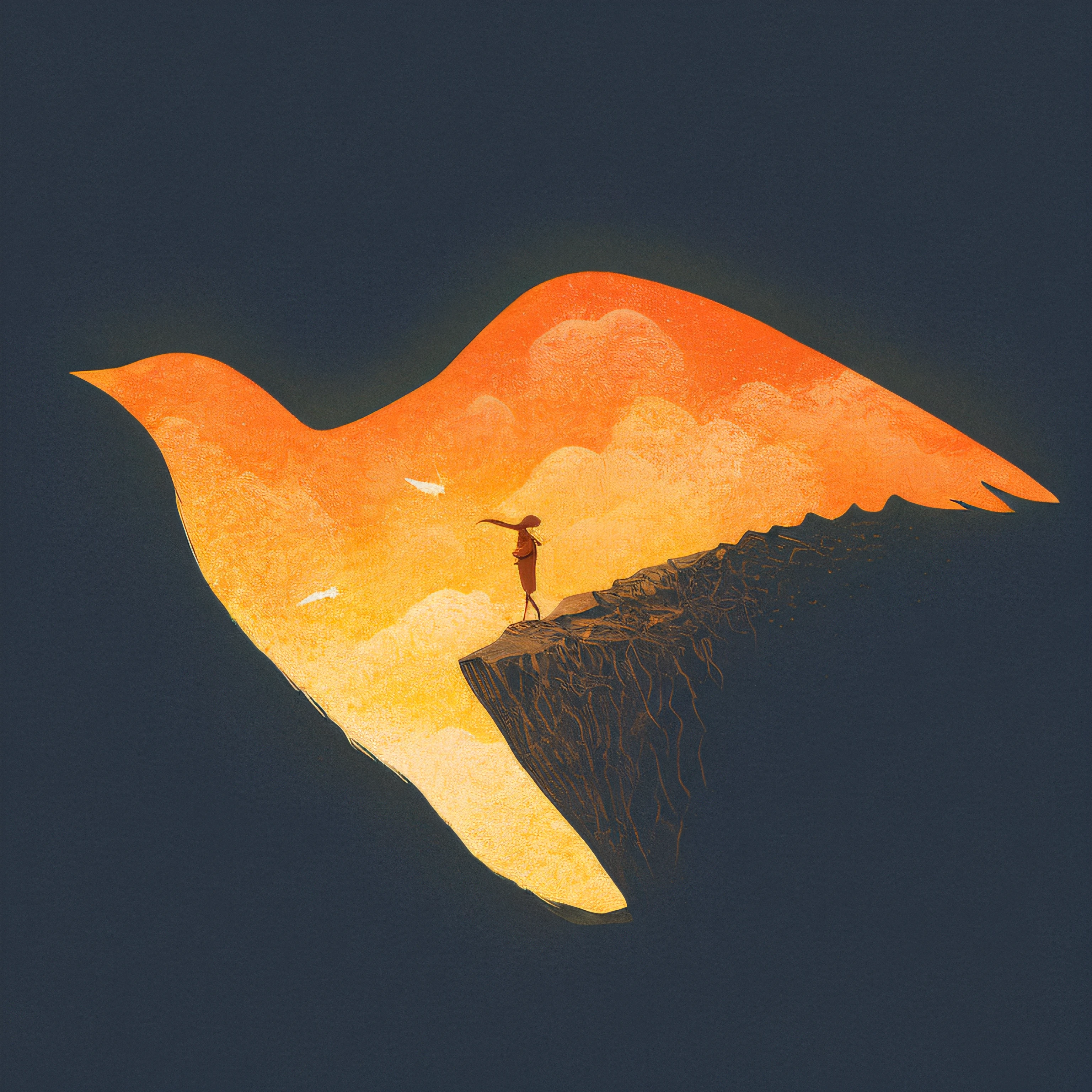 A bird flew over the cliff，There was a man standing on it, Inspired by Jakub Skaneder, The art of Alena Émi, Just a joke, inspired by Cyril Rolando, Inspired by Alena Emi, Inspired by Victor Wei, author：Jakub Shikaned, artistic. Alena Enemi, by Artie Guerlain