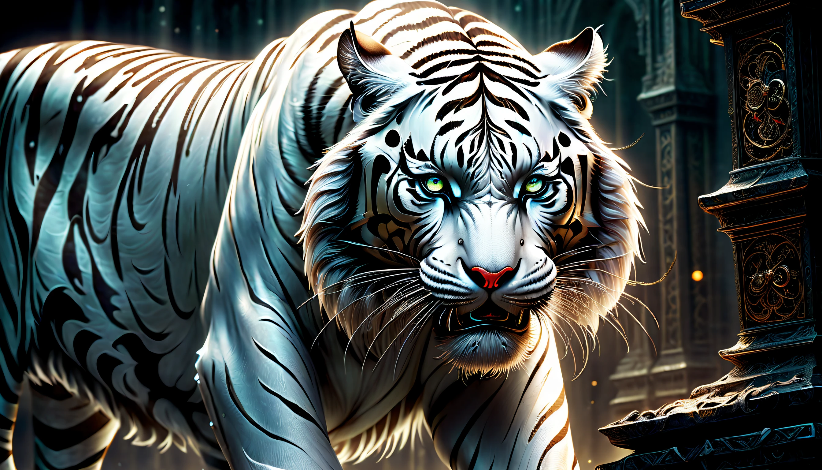 (((a fierce with powerful white_tiger:1.3))), (((dark fantasy of epic detail illustration:1.3))), ride on knight girl with ornament sword, (large and slant up eyes:1.1), beauty glow eyes, cinematic angle with still, featuring dynamic clash between atmosphere, rich colors, breathtaking beauty intricate detail, creative and interesting, intricate details and realistic 32k rendering, extremely intricate detailed, imagination breathtaking realm dark fantasy, enchanting of dark fantasy environment, surrealism background, intricate details and flawless quality, high contrast masterpiece, delivering a visually stunning, dark fantasy and fantasia harmony, exquisite high-definition drawing, limitlessly high resolution, (sharp resolution:1.1), (((all captured in sharp focus:1.2))), (((rendered in stunning 32k resolution:1.4))), (((beautiful detail glow:1.3))), impeccable quality, (((highest quality:1.4))), highly quality, best quality, ride on the back, (((extremely insane detail:1.4))),