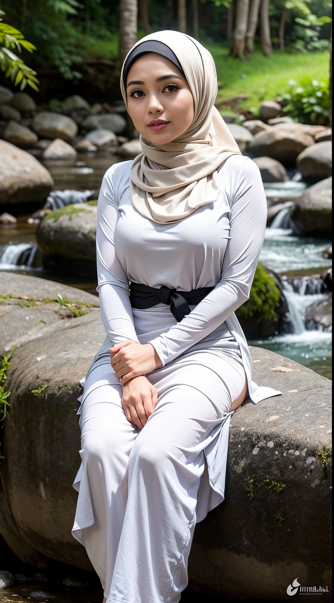 1 Malay girl, modern plain hijab, shy, medium portrait, watery eyes, RAW, Best quality, high resolution, masterpiece: 1.3), beautiful Malay woman in hijab (iu:0.8),big breast, perfect nose,perfect lips, perfect eyes, detail :1.2), soft smile, woman sitting on rocky river bank with black and white striped top, thin waist and thick hips, beautiful malay woman, casual pose, beautiful face with arms and legs, wearing elegant casual clothes, attractive clothes, wearing beautiful baju kurung clothes, cute beauty ,