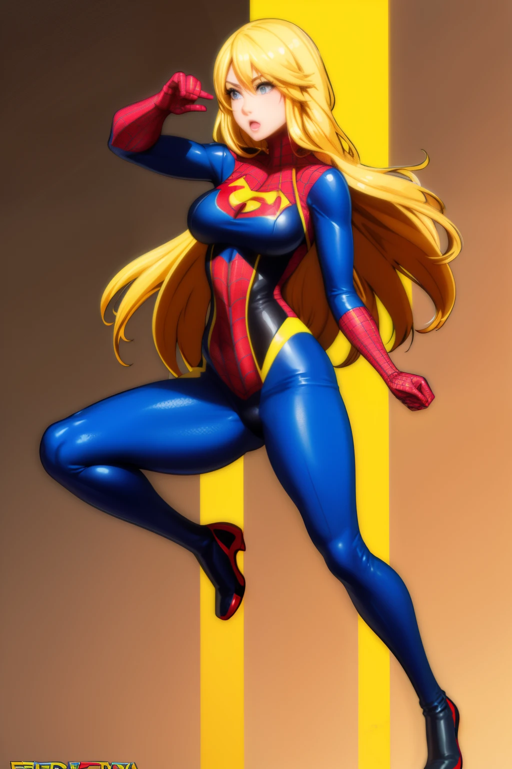 Cute girl , superhero , Tight fitting clothes, sexy body, sexy, yellow hair, Spider Man, full body