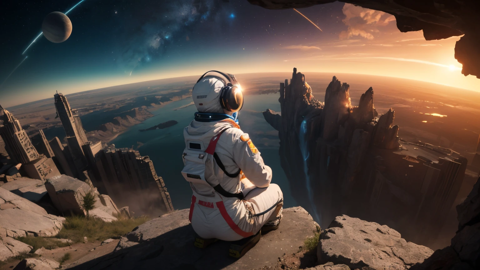 {{masterpiece}}, best quality, extremely detailed CG unity 8k wallpaper, cinematic lighting, lens flare, dust, colorful light, particles, heterochromia, (colorful:1.5)，beautiful orange hair astronaut girl with headphones  in front of Futuristic architecture, arquitectura premiada, skyscraper architectureCity, Photographic style, rendering, Realistic visuals of  trees，attractive beautiful，dramatic contrast，Gentle lighting，Delicate warmth，the soft light，hyper HD， Extremely colorful，best quality，HighDynamicRange，Unbeatable masterpiece，perfect female shape, orange hair，green eyes, wide angle, headphones, starrysky，arbitrator，glorious，Reward the sexy goddess，Strange sky，8K high quality，astronaut white outfit [Background with] Doomsday ruins，Giant tornado，The setting sun burns the clouds，Multiple planets，Multiple planets，Mars，Jupiter， Mercury，Strange sky，Giant tornado，Blue light, The scene is magnificent, Pic from behind