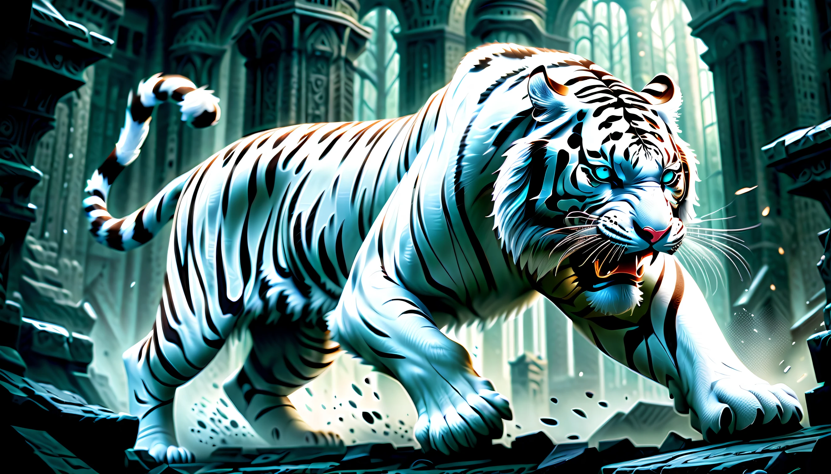 (((a fierce with powerful white_tiger:1.3))), (((dark fantasy 2 creatures battle of epic battle illustration:1.3))), cinematic angle, featuring dynamic clash between, rich colors, breathtaking beauty intricate detail, creative and interesting, intricate details and realistic 32k rendering, extremely intricate detailed, imagination breathtaking realm dark fantasy, enchanting of dark fantasy environment, surrealism background, intricate details and flawless quality, high contrast masterpiece, delivering a visually stunning, dark fantasy and fantasia harmony, exquisite high-definition drawing, limitlessly high resolution, (sharp resolution:1.1), (((all captured in sharp focus:1.2))), (((rendered in stunning 32k resolution:1.4))), (((beautiful detail glow:1.3))),