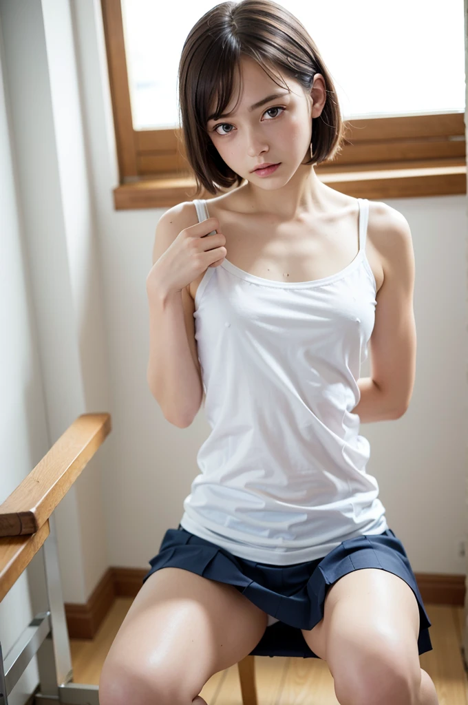 (white long camisole, shirt lift, self-lift: 1.2), from above, upper body, masterpiece, top quality, raw photo, photorealistic, small bust, face light, film grain, chromatic aberration, absurdity, high resolution, ultra detail, detail, detailed eyes and face, sharp pupils, realistic pupils, sharp focus, indoors, short hair, sitting on legs bending knees, squatting, White panties are visible from the skirt, sexy pose, schoolgirl uniform, rather short dark blue skirt, white silk panties, no bra, loose and large shirt, WET BODY, soaked, sad face, troubled expression,