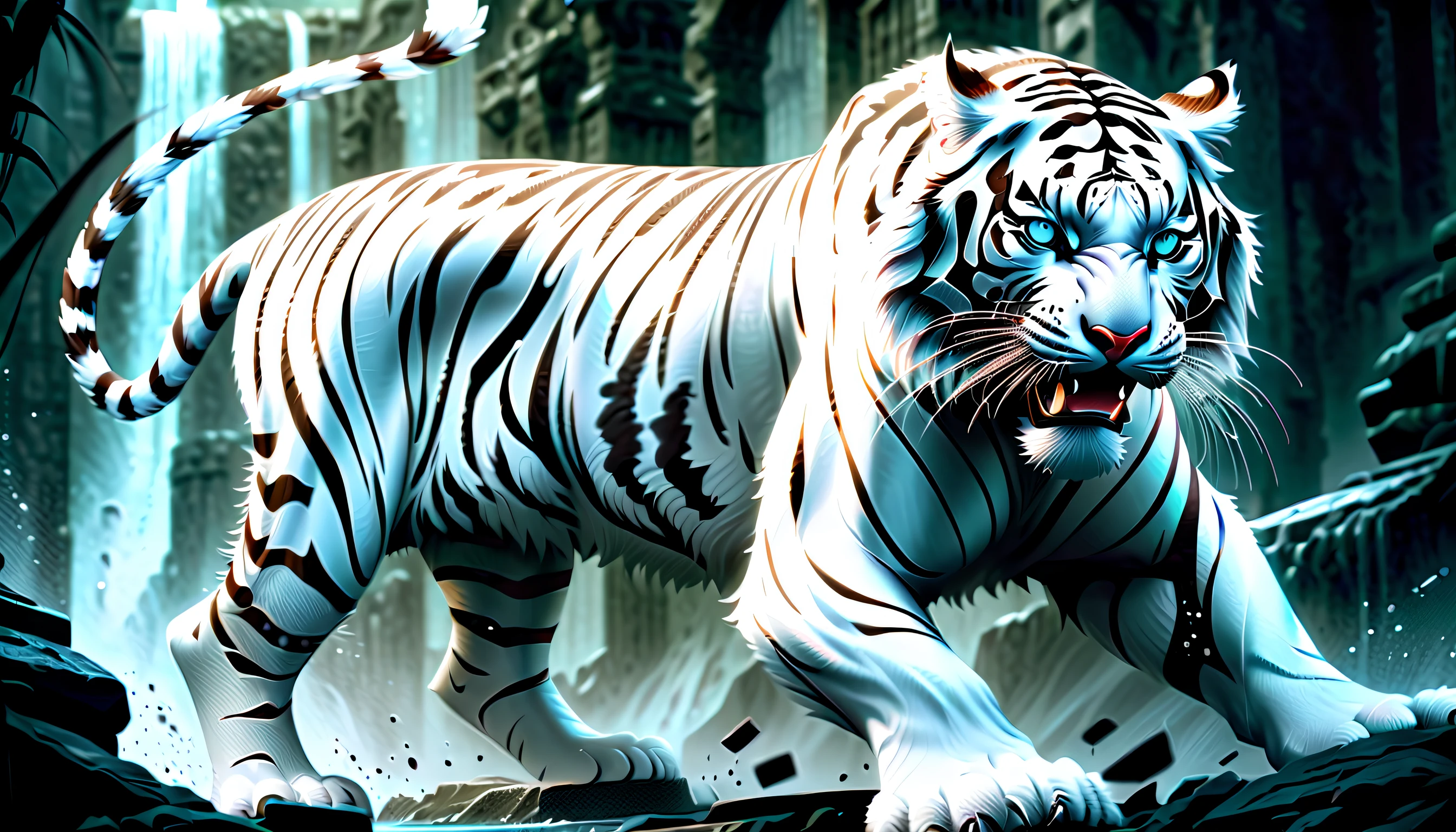 (((a fierce with powerful white_tiger:1.3))), (((dark fantasy 2 creatures battle of epic battle illustration:1.3))), cinematic angle, featuring dynamic clash between, rich colors, breathtaking beauty intricate detail, creative and interesting, intricate details and realistic 32k rendering, extremely intricate detailed, imagination breathtaking realm dark fantasy, enchanting of dark fantasy environment, surrealism background, intricate details and flawless quality, high contrast masterpiece, delivering a visually stunning, dark fantasy and fantasia harmony, exquisite high-definition drawing, limitlessly high resolution, (sharp resolution:1.1), (((all captured in sharp focus:1.2))), (((rendered in stunning 32k resolution:1.4))), (((beautiful detail glow:1.3))),