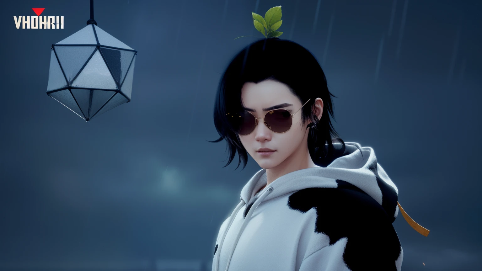 there is a man with a cow costume and sunglasses on, wearing a hoodie and flowers, hints of yayoi kasuma, close up character, style of mirror\'s edge, wearing a patch over one eye, character close up, rainy day. game render, artwork in the style of guweiz, black haired girl wearing hoodie