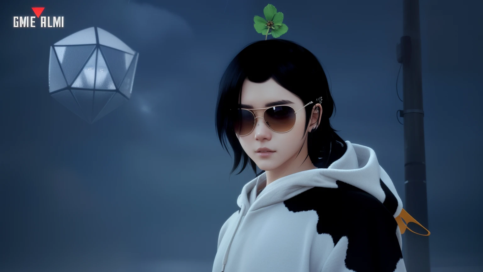 there is a man with a cow costume and sunglasses on, wearing a hoodie and flowers, hints of yayoi kasuma, close up character, style of mirror\'s edge, wearing a patch over one eye, character close up, rainy day. game render, artwork in the style of guweiz, black haired girl wearing hoodie