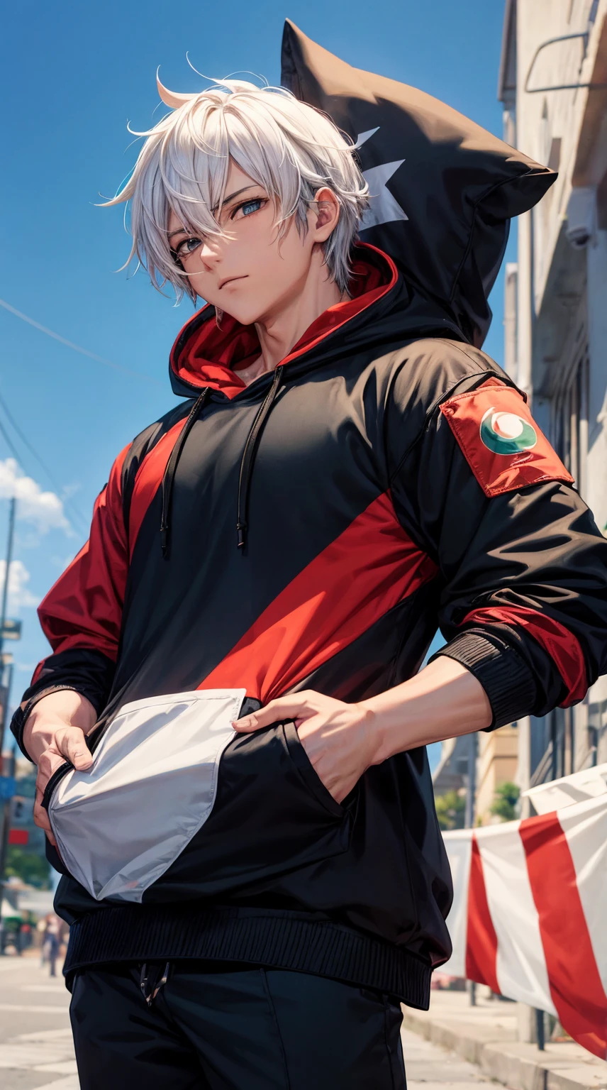 super anime character, man wearing a hoodie with an image of "Indonesian flag" with the name "Adit" and the Palestinian flag, perfect image hd quality 4k vol4