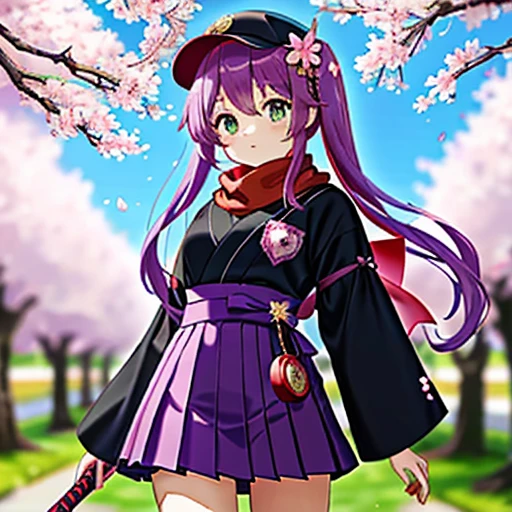 cherry blossom fairy girl、She is wearing a student cap with golden cherry blossoms on it..、There are two cherry blossom rings on the hat..、purple color hair、Bangs、Twin-tailed、green colored eyes、purple hakama mini skirt、Purple haori、thigh、Long black boots、Light blue butterfly wings like stained glass、holding a katana、to stand、Cherry blossoms flutter、serious faces、pocket watch、Red scarf around the neck