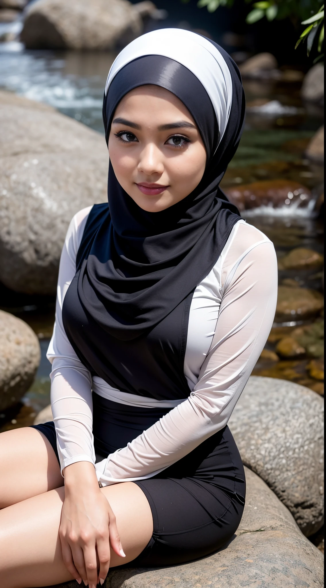 Hijab, a young woman, very skinny body, heavy big breasts playing in very deep flood water, white lace