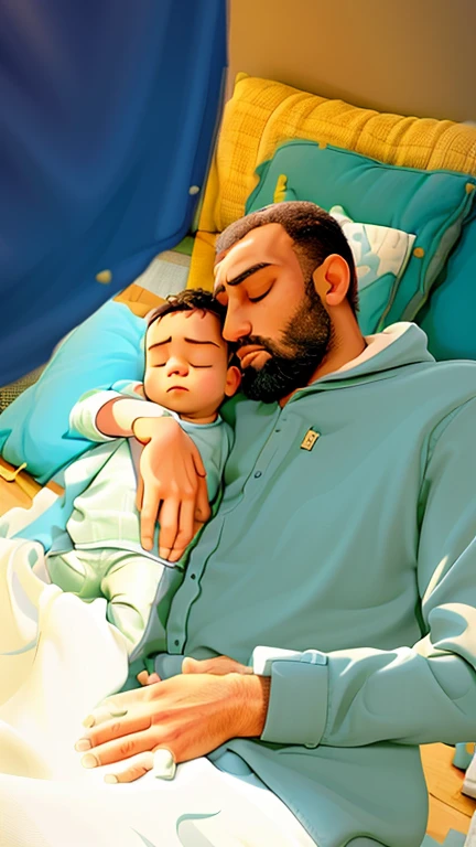 Black man with long dreadlocks stands by the window and holds his sleeping baby daughter, nighttime, cozy bedroom, very realistic, colorful atmosphere, illustration