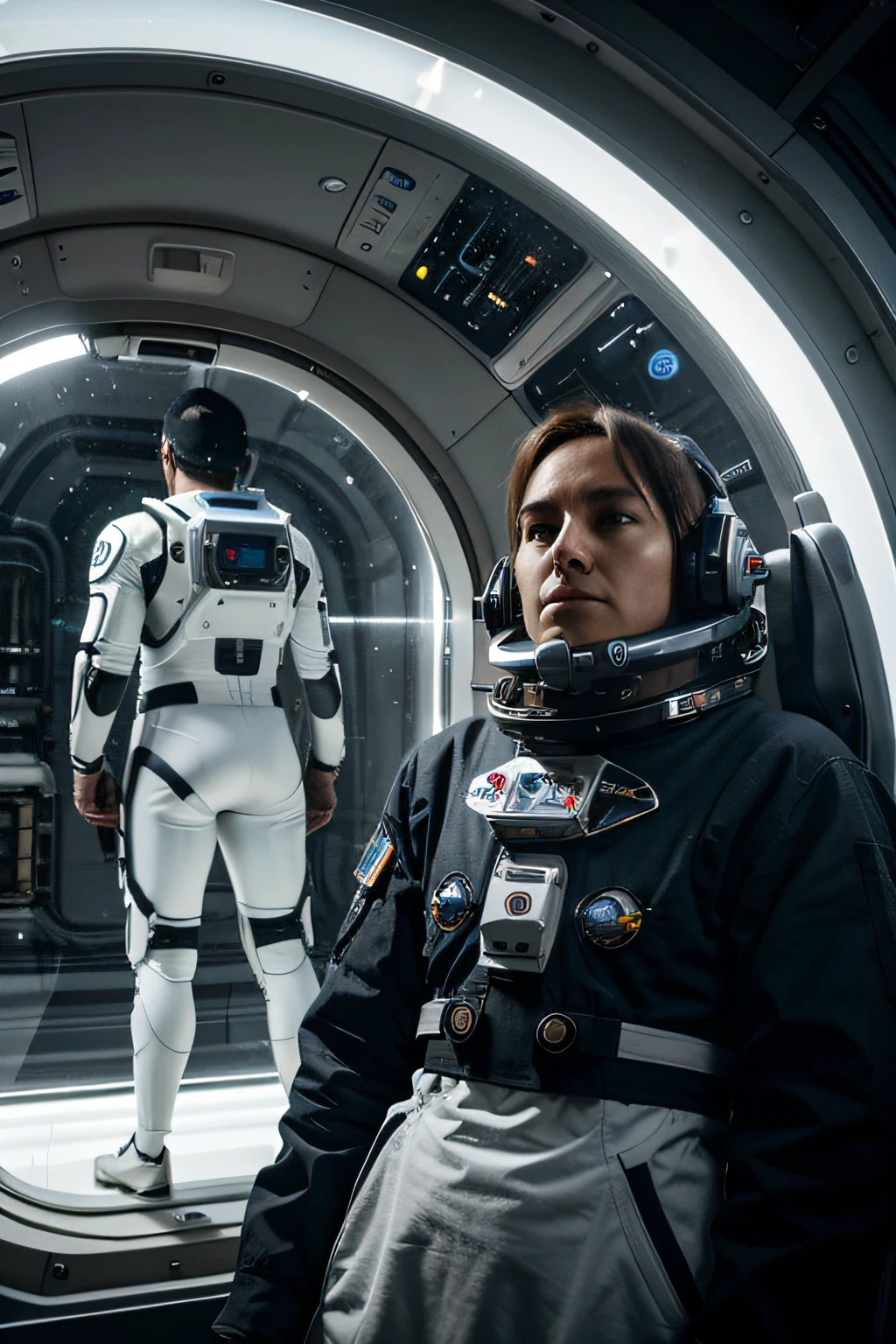 Space life support system, sense of technology, people wearing ventilators, metal details are realistic, hyper-realistic, bright picture, wide angle, high reality, light and dark