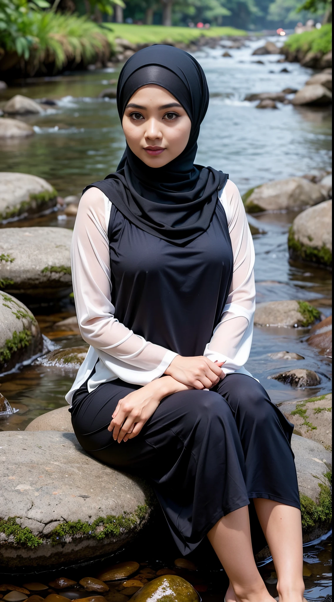 1 Malay girl, modern plain hijab, shy, medium portrait, watery eyes, RAW, Best quality, high resolution, masterpiece: 1.3), beautiful Malay woman in hijab (iu:0.8),big breast, perfect nose,perfect lips, perfect eyes, detail :1.2), soft smile, woman sitting on rocky river bank with black and white striped top, thin waist and thick hips, beautiful malay woman, casual pose, beautiful face with arms and legs, wearing elegant casual clothes, attractive clothes, wearing beautiful baju kurung clothes, cute beauty ,