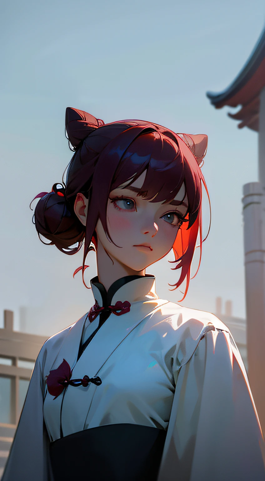 best images quality, Masterpiece level, 超高分辨率, hentail realism, fantasy themed, arma, detail in face, one-girl, Single, hair-bun, Fairy tale theme, The upper part of the body, Chinese architecture, 火焰, Get detailed outdoor lighting and cinematic lighting, Increase the detail of the overall ambient light, Face and eye details, Improve the realism of body details, articulate clear focus, face expressionless, white  clothes, Burgundy hair, eyes with brightness, simple backgound.