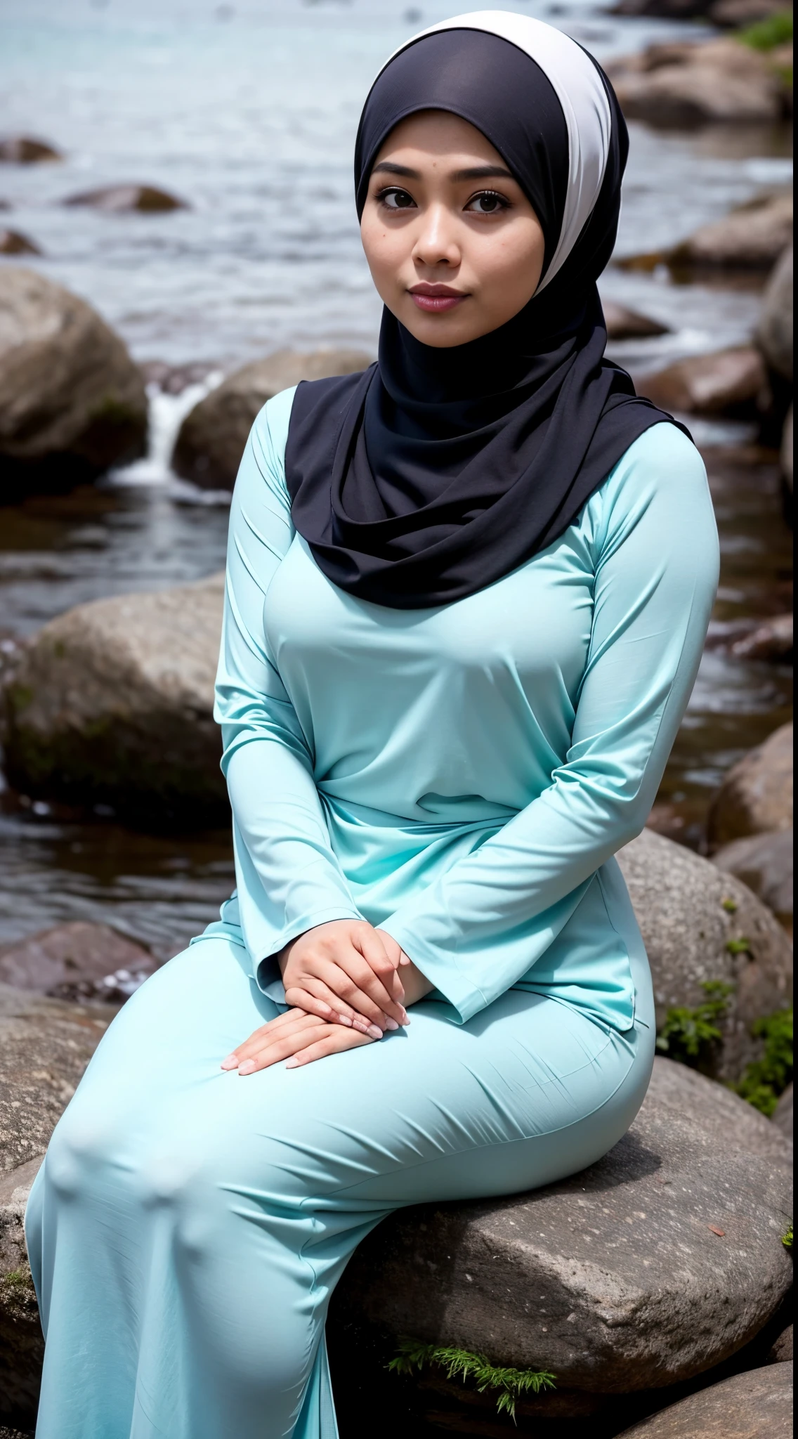 1 Malay girl, modern plain hijab, shy, medium portrait, watery eyes, RAW, Best quality, high resolution, masterpiece: 1.3), beautiful Malay woman in hijab (iu:0.8),big breast, perfect nose,perfect lips, perfect eyes, detail :1.2), soft smile, woman sitting on rocky river bank with black and white striped top, thin waist and thick hips, beautiful malay woman, casual pose, beautiful face with arms and legs, wearing elegant casual clothes, attractive clothes, wearing beautiful baju kurung clothes, cute beauty ,