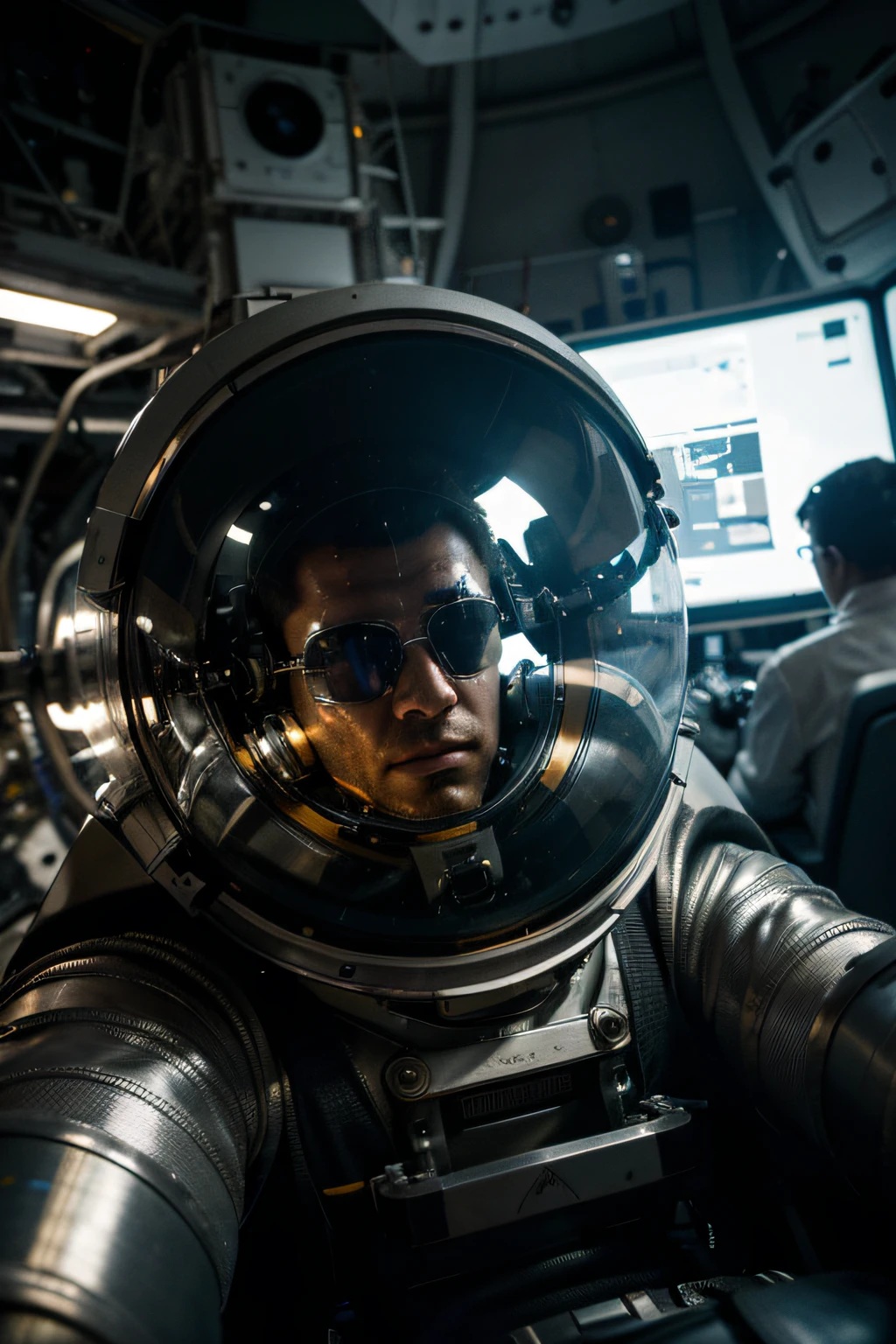 Space capsule exercise, sense of technology, metallic texture, several scientists wearing spacesuits scattered around, close-up of male scientists, bright pictures, different equipment, sense of the future, photography master, factory machine details, ultra-wide angle, high realism, light and dark