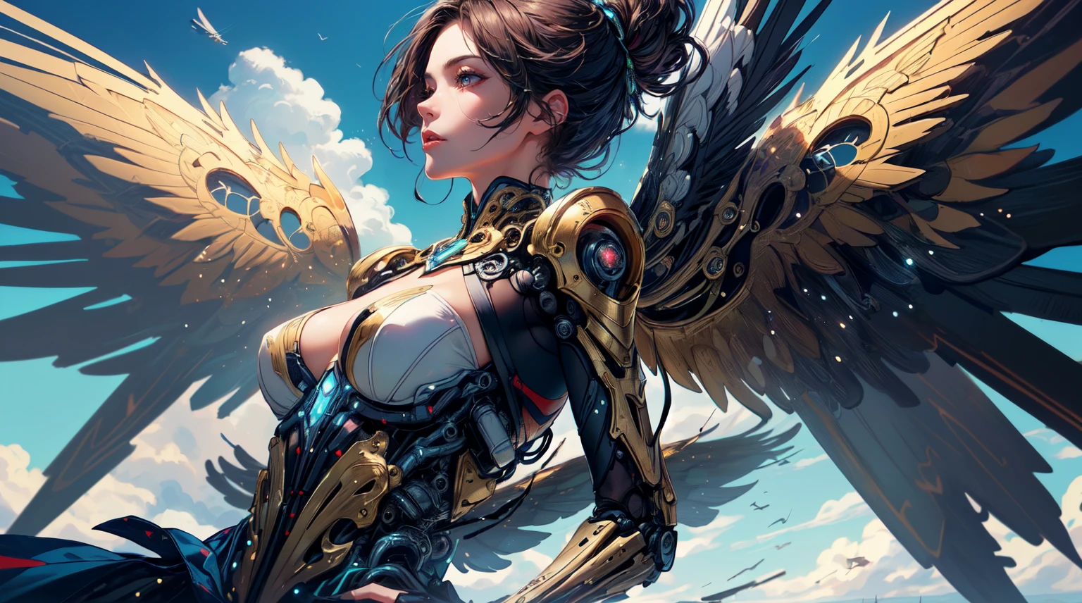 ((masterpiece)),(best quality), ((aristocrats flying (((1girl))) android)), realmech, ((cinematic)), ambient occlusion, Nvidia ray tracing, dynamic:1.2, (absolutely eye-catching), (mechanical parts:1.3), makeup, (elegant medieval dress), shadows, (dynamic shot:1.2), dark, high contrast, particles:1.2, thriller:1.3, ((in sky:1.5)), (close shot:1.4), (intricate cinematic background:1.2), (pastel:1.2), (Levitation:1.3), (Mechanical wings and engines:1.3), ((wind, motion blur:1.3))