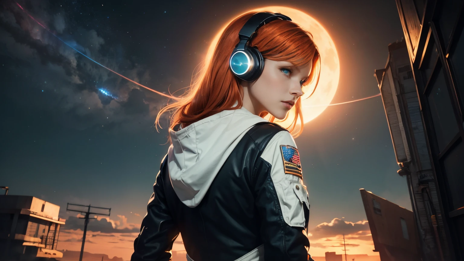 {{masterpiece}}, best quality, extremely detailed CG unity 8k wallpaper, cinematic lighting, lens flare, dust, colorful light, particles, heterochromia, (colorful:1.5)，beautiful orange hair astronaut girl with headphones  in front of Futuristic architecture, arquitectura premiada, skyscraper architectureCity, Photographic style, rendering, Realistic visuals of  trees，attractive beautiful，dramatic contrast，Gentle lighting，Delicate warmth，the soft light，hyper HD， Extremely colorful，best quality，HighDynamicRange，Unbeatable masterpiece，perfect female shape, orange hair，green eyes, wide angle, headphones, starrysky，arbitrator，glorious，Reward the sexy goddess，Strange sky，8K high quality，astronaut white outfit [Background with] Doomsday ruins，Giant tornado，The setting sun burns the clouds，Multiple planets，Multiple planets，Mars，Jupiter， Mercury，Strange sky，Giant tornado，Blue light, The scene is magnificent, Pic from behind