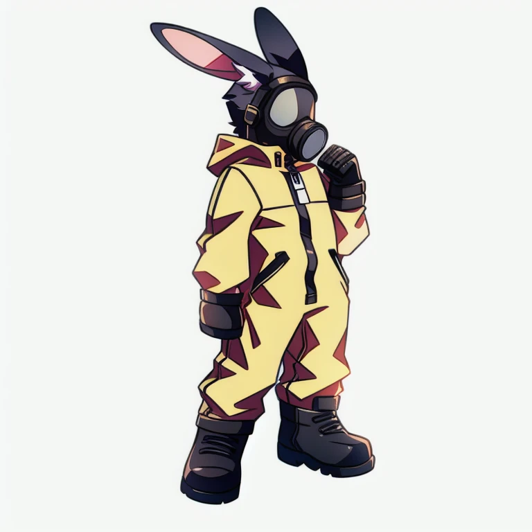 solo, male, rabbit, white colored fur, lean body, Anthropomorphic rabbit, yellow jumpsuit, black boots, gasmask