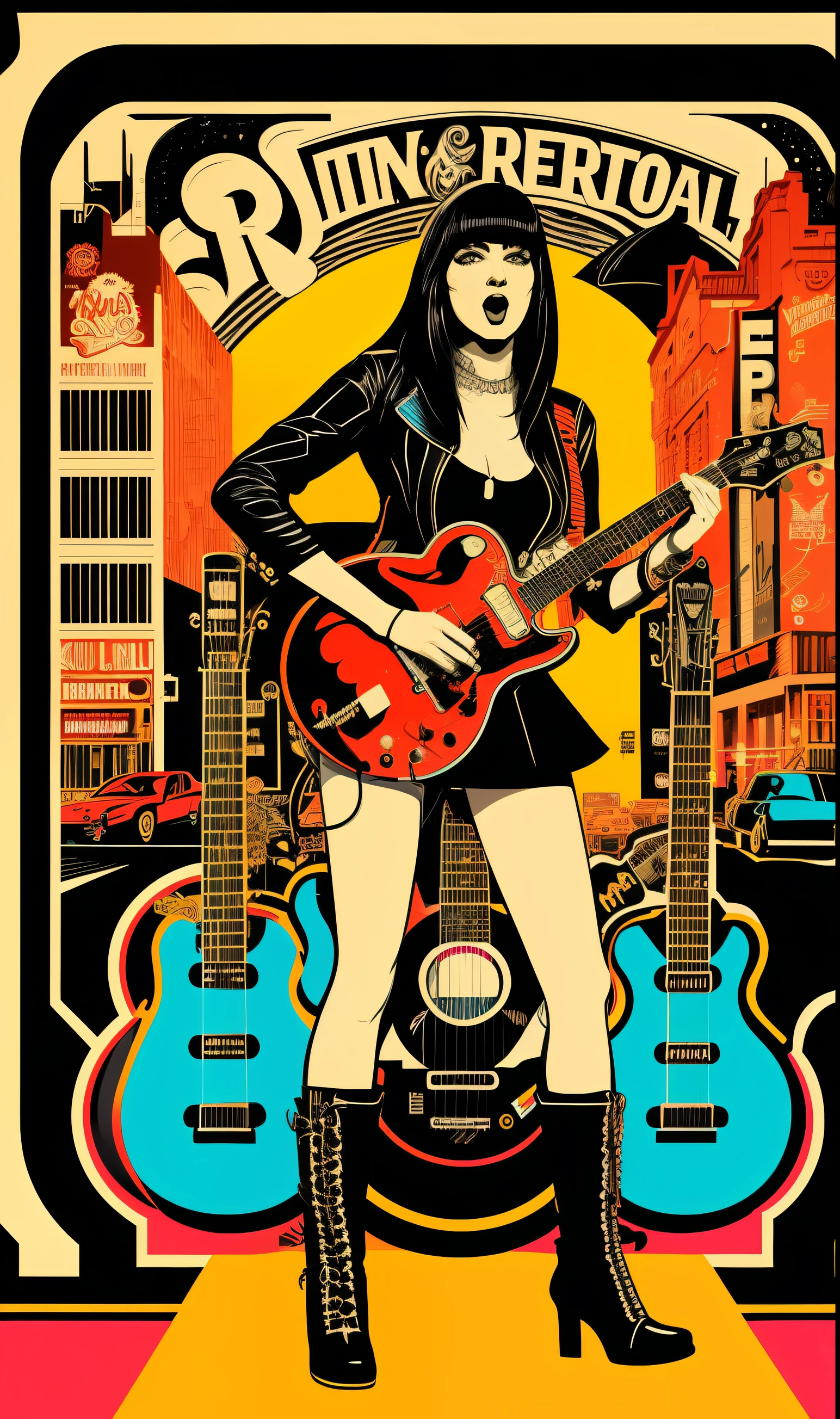 Rock and roll woman holding guitar in front of retro street,Facial expression of shouting with open mouth,Street graffiti,vector artwork, Hand drawn illustrations, Inspired by Sid Barrett, Inspired by John Kell, Inspired by Malcolm Morley, Poster artwork, At that time Martin, James Edmiston, hq artwork, Very detailed vector art, Inspired by Cat's Eye, Martin Ansing Art Portrait, josan gonzales!!!