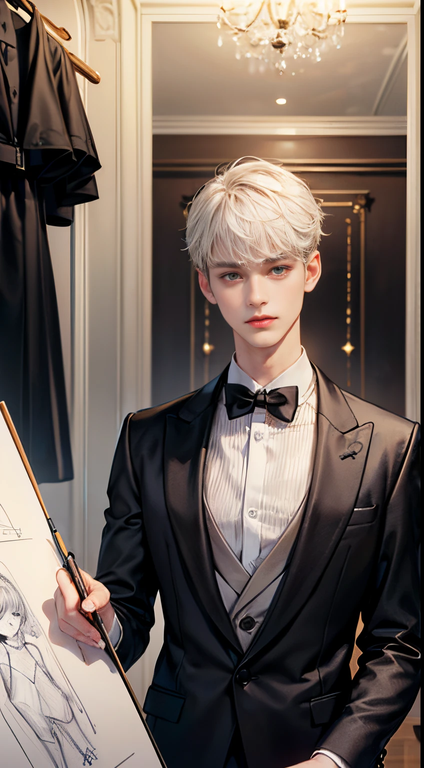 ​masterpiece, ((e boy is sketching clothes in designer room)),  (three piece black suit), Accurate and beautifully drawn body,  Looking at Viewer, ((Accurate and beautifully drawn eyes)), ((Accurate and beautifully drawn faces)), ((White Shorthair)), Sink bangs, There are two wooden torsos in the room.,