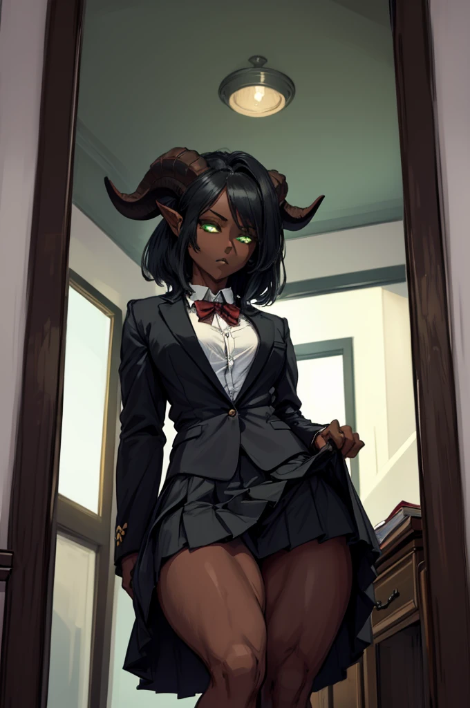 (Masterpiece) (High Detail) (High Res) (Black Skin) Looking from below A tall black humanoid girl with dark skin and ebony flesh and green eyes and short black hair and goat ears and short dark goat horns and a toned body and average to small breasts dressed in a schoolgirl outfit wearing a pleated skirt and a school jacket at an academy in the halls