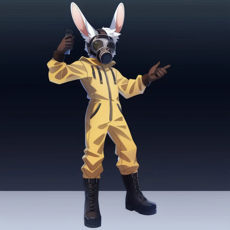 solo, male, rabbit, white colored fur, lean body, Anthropomorphic rabbit, yellow jumpsuit, black boots, gasmask
