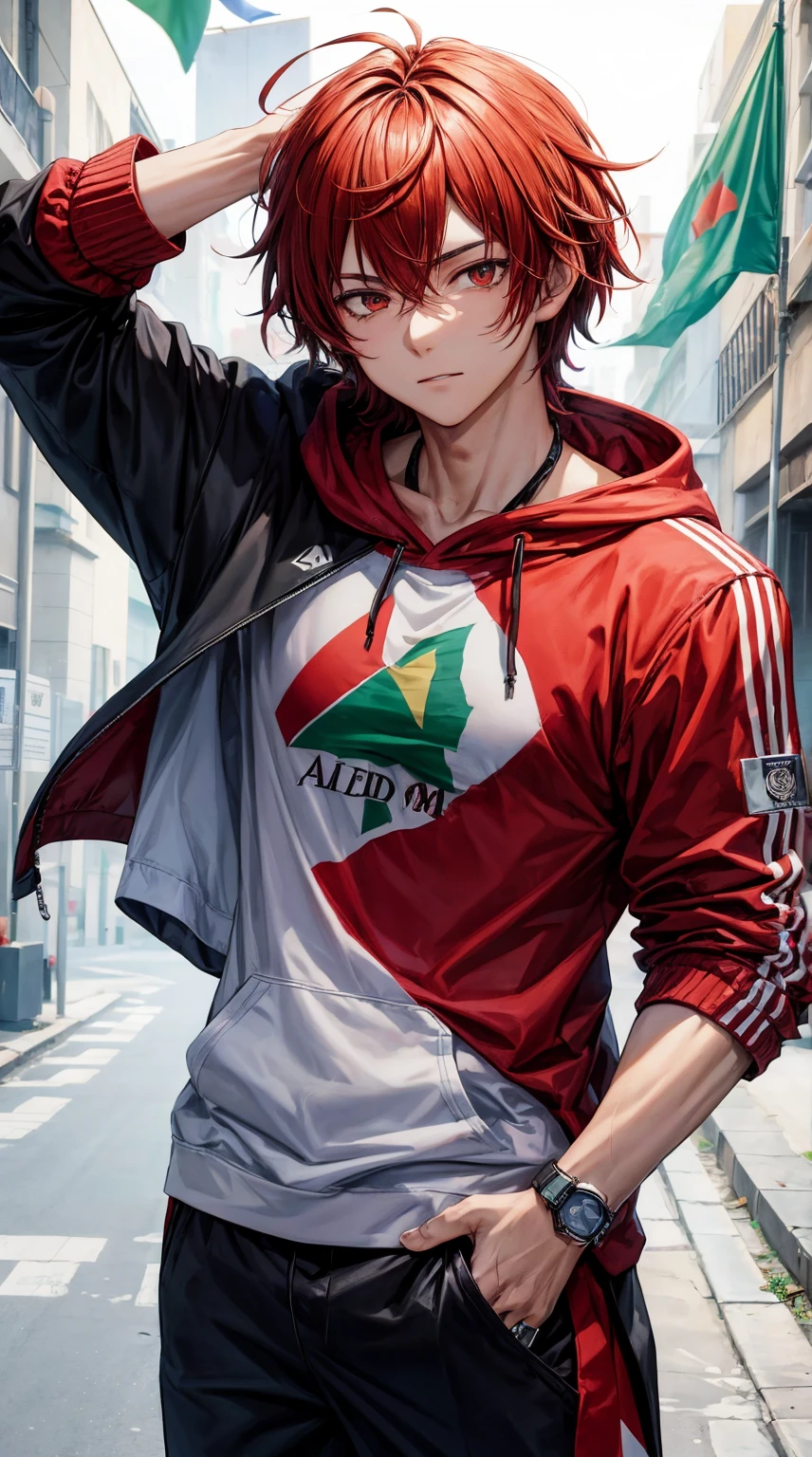 male anime character wearing a hoodie with a picture of the "red and white flag" with the name "Adit" in front of his chest and the Palestinian flag, perfect image 4k hd quality vol4