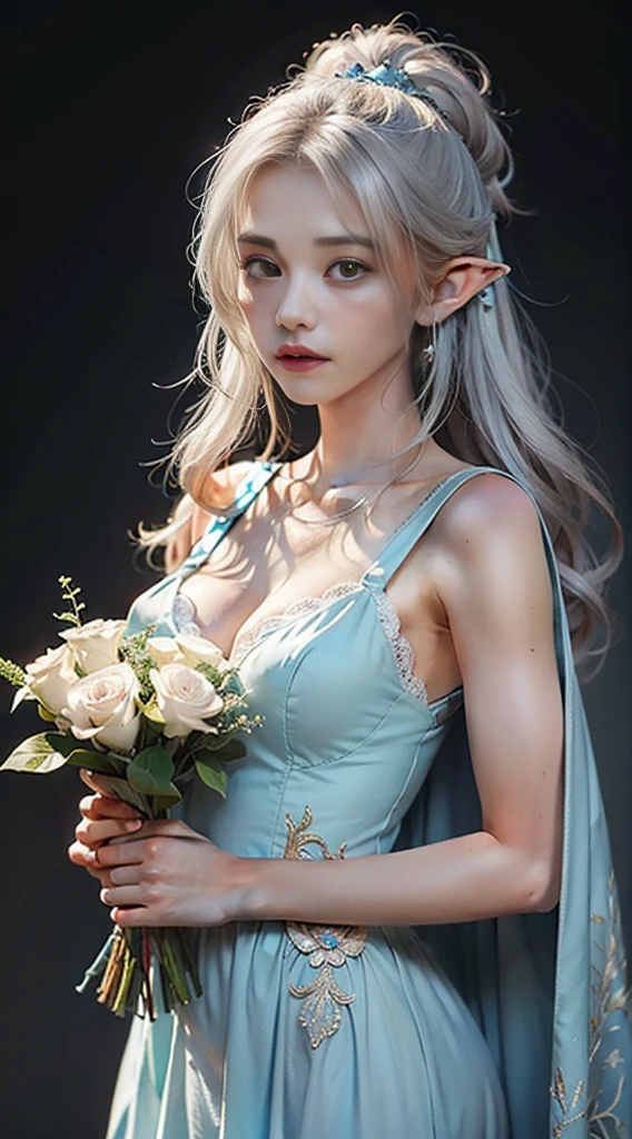 anime girl with white hair and blue dress holding a bouquet, beautiful celestial mage, beautiful character painting, extremely detailed artgerm, beautiful and elegant elf queen, wlop rossdraws, 8k high quality detailed art, fantasy art style, anime fantasy illustration, by Yang J, detailed fantasy art, fanart best artstation, wlop and rossdraws