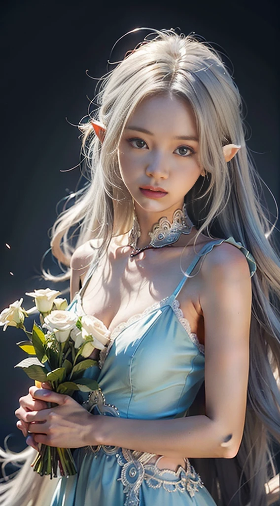 anime girl with white hair and blue dress holding a bouquet, beautiful celestial mage, beautiful character painting, extremely detailed artgerm, beautiful and elegant elf queen, wlop rossdraws, 8k high quality detailed art, fantasy art style, anime fantasy illustration, by Yang J, detailed fantasy art, fanart best artstation, wlop and rossdraws