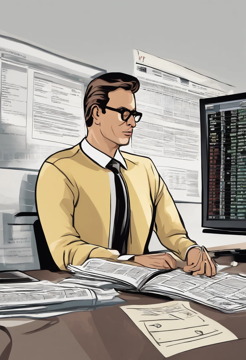 Imagine um guaxinim utilizando um terno elegantte, Wear a tie and hold a financial newspaper in your hand.. He sits in front of the computer., Follow the charts and numbers on the screen.. His face displayed concentration and determination as he analyzed and made investment decisions.. Around you, May contain symbols related to financial markets., such as stock charts or the stock exchange..It was a scene where the stock price skyrocketed.. In this picture, Including a cute character who is being targeted by someone named Ton Pin.. In addition, It shows the rapid increase in short selling and the cumulative effect.. A story that redefines stock investment. The downtrend is successful. Reading the newspaper, Tuk is looking at the balance sheet, Uad is ordering food, Eid turns on the computer, everyone is making investment decisions in the securities trading room by looking at stock graphs.