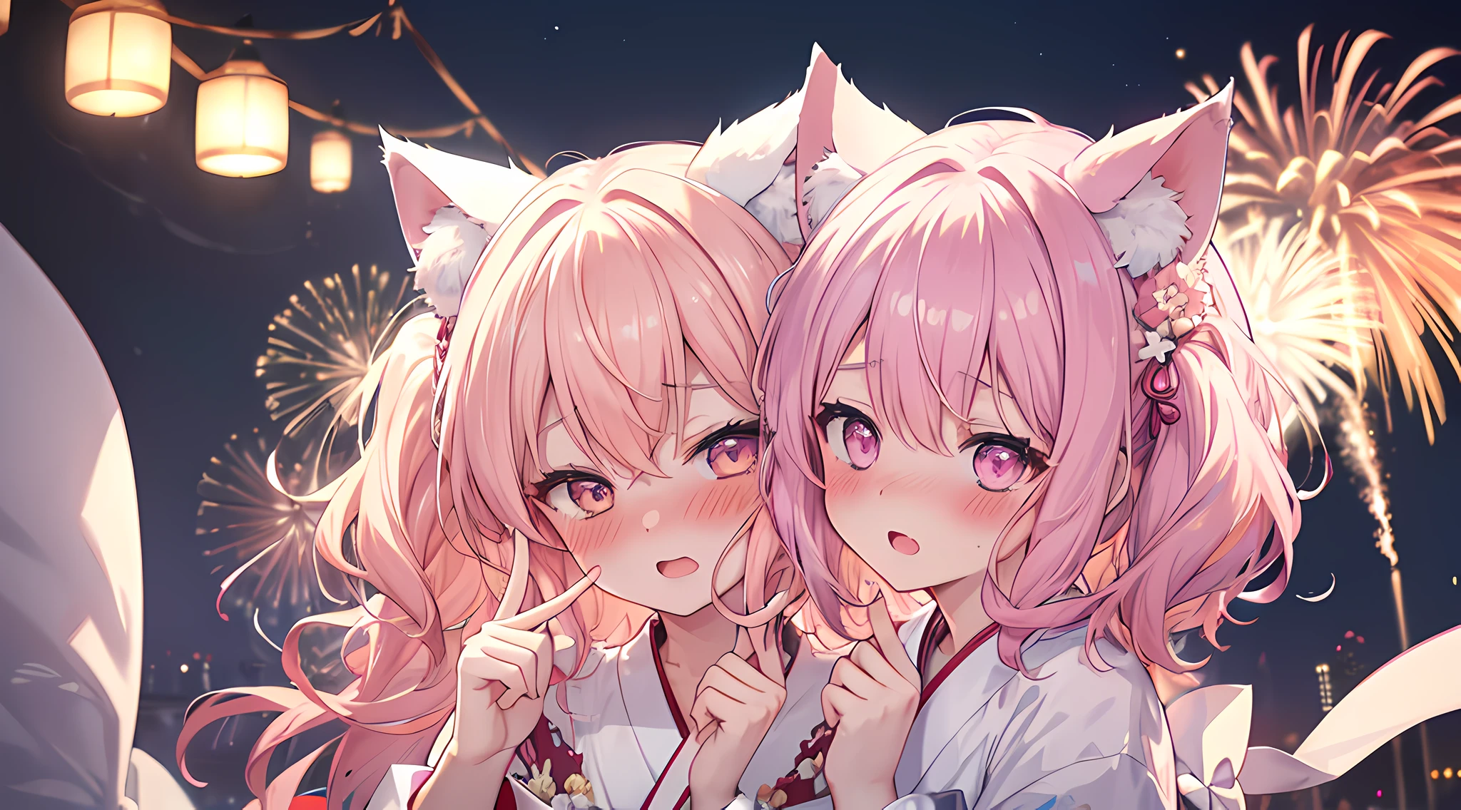 (1 cat eared girl), front lighting, (detailed face), masterpieces, 8k, ultra HD, white kimono, walking fireworks festival full of light, multi colored hair, curly hair, (blushing: 1.5), open mouth, licking finger, heart eyes, front lighting, daytime